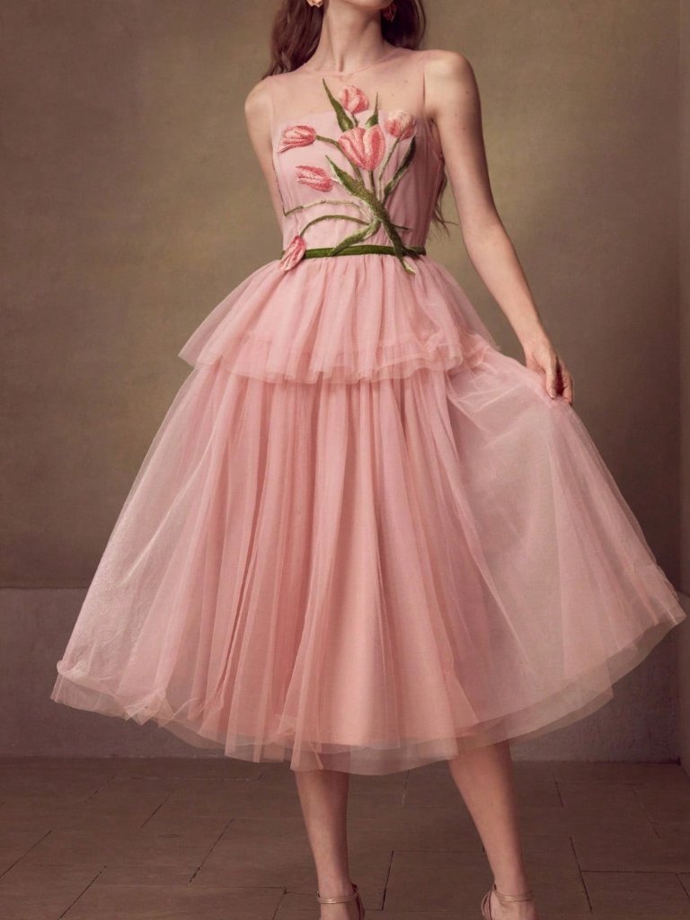 Pink Elegant Women's Appliques Contrast Mesh Cocktail Dress